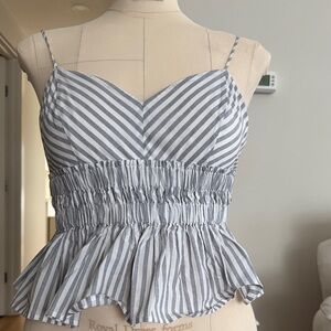 Express Gray and White Striped Smocked Peplum Cami